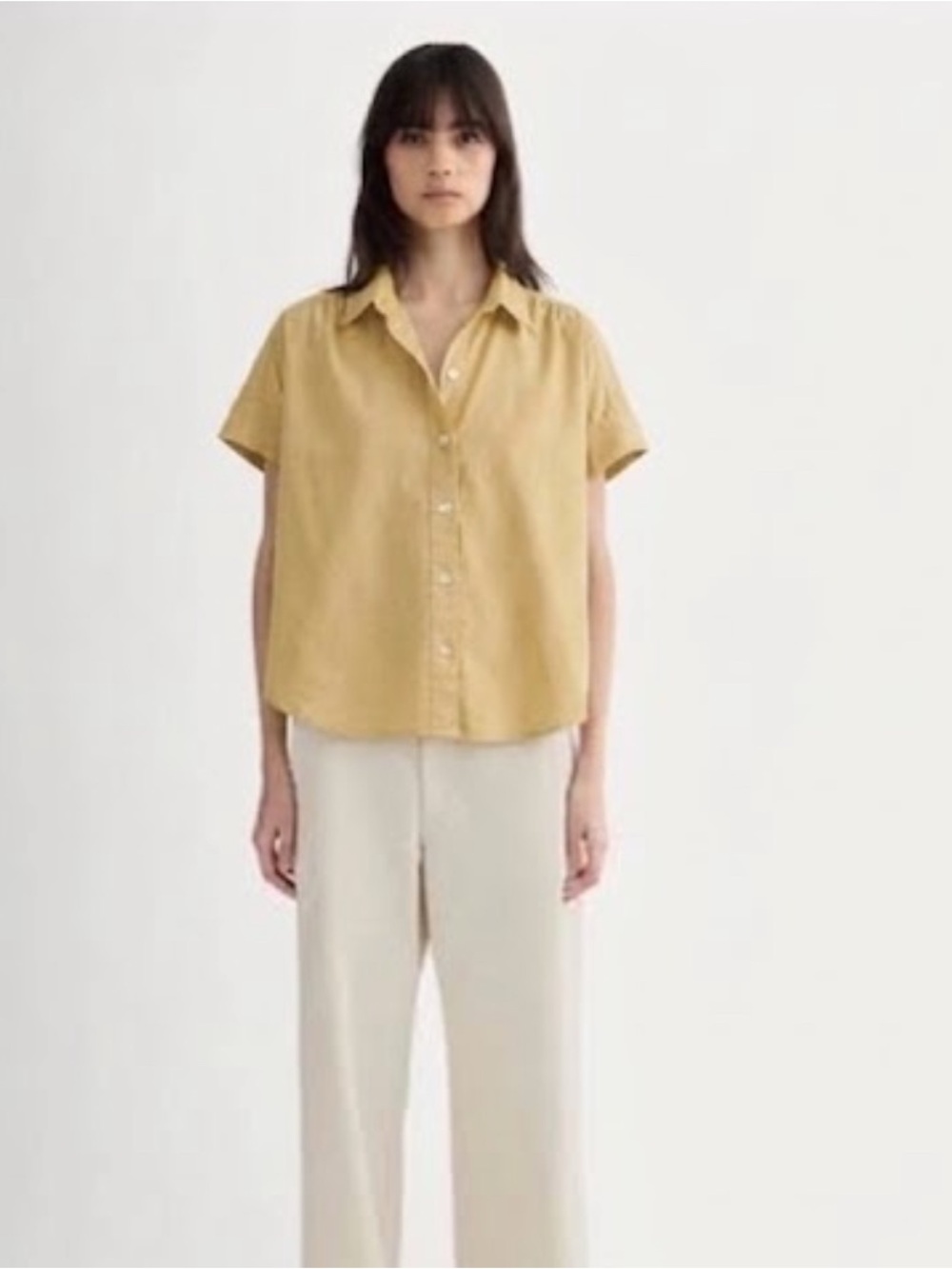 Everlane Short-Sleeve Button-Down Top in Mustard Yellow